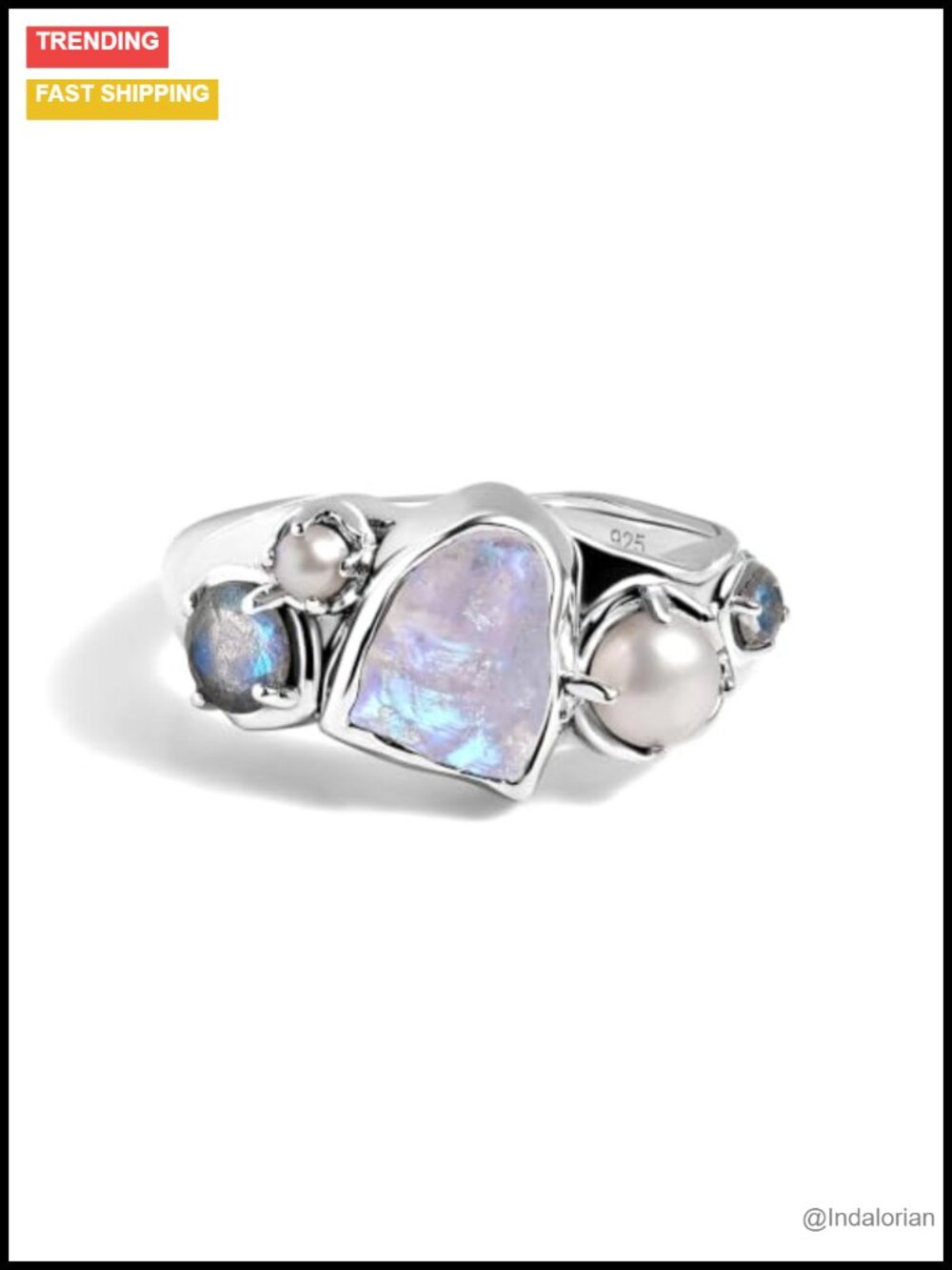Sterling Silver Moonstone Labradorite Pearl Statement Ring Size 7